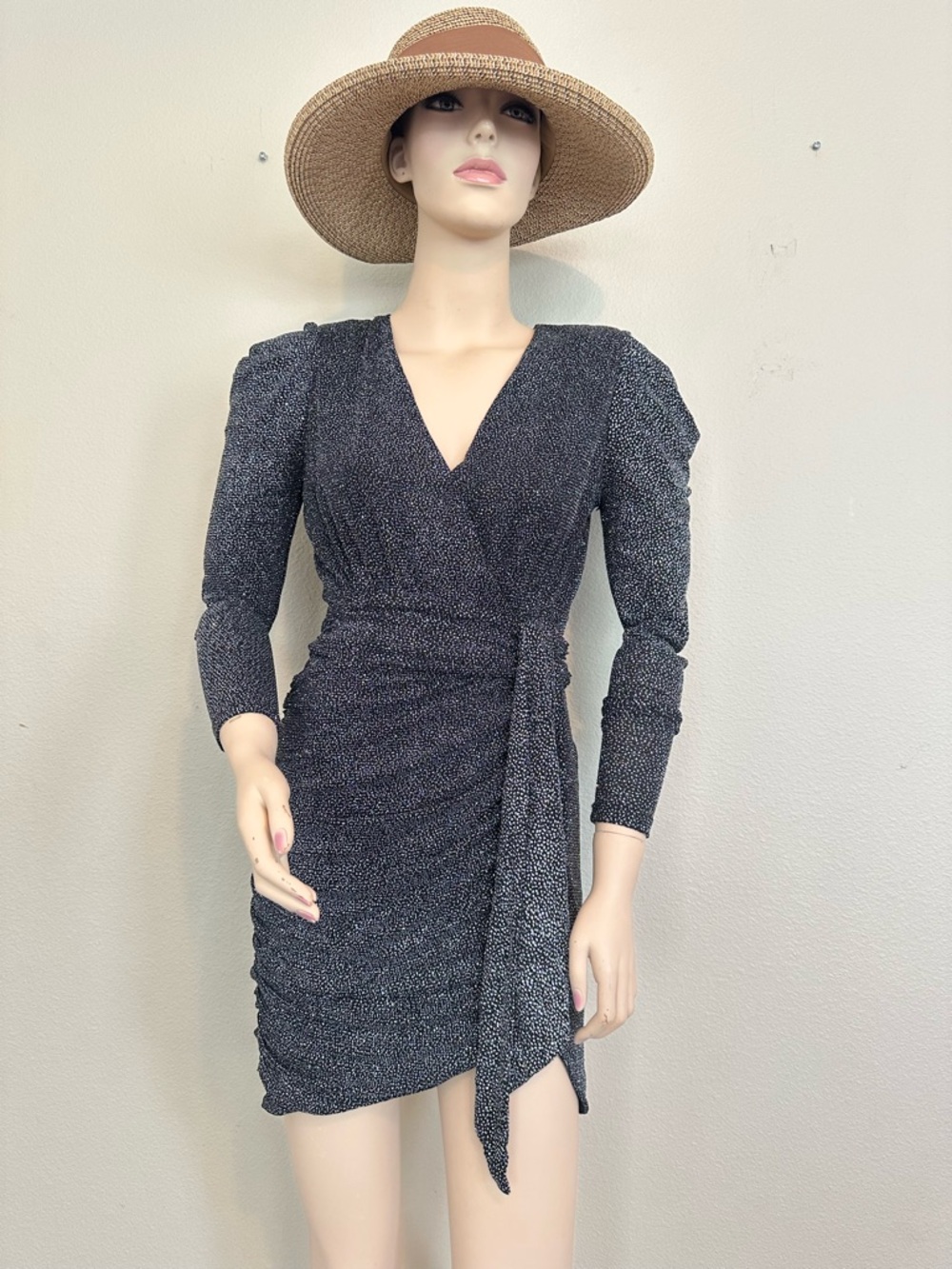 Aqua Shimmer Metallic Ruched Faux Wrap Mini Dress Black Silver